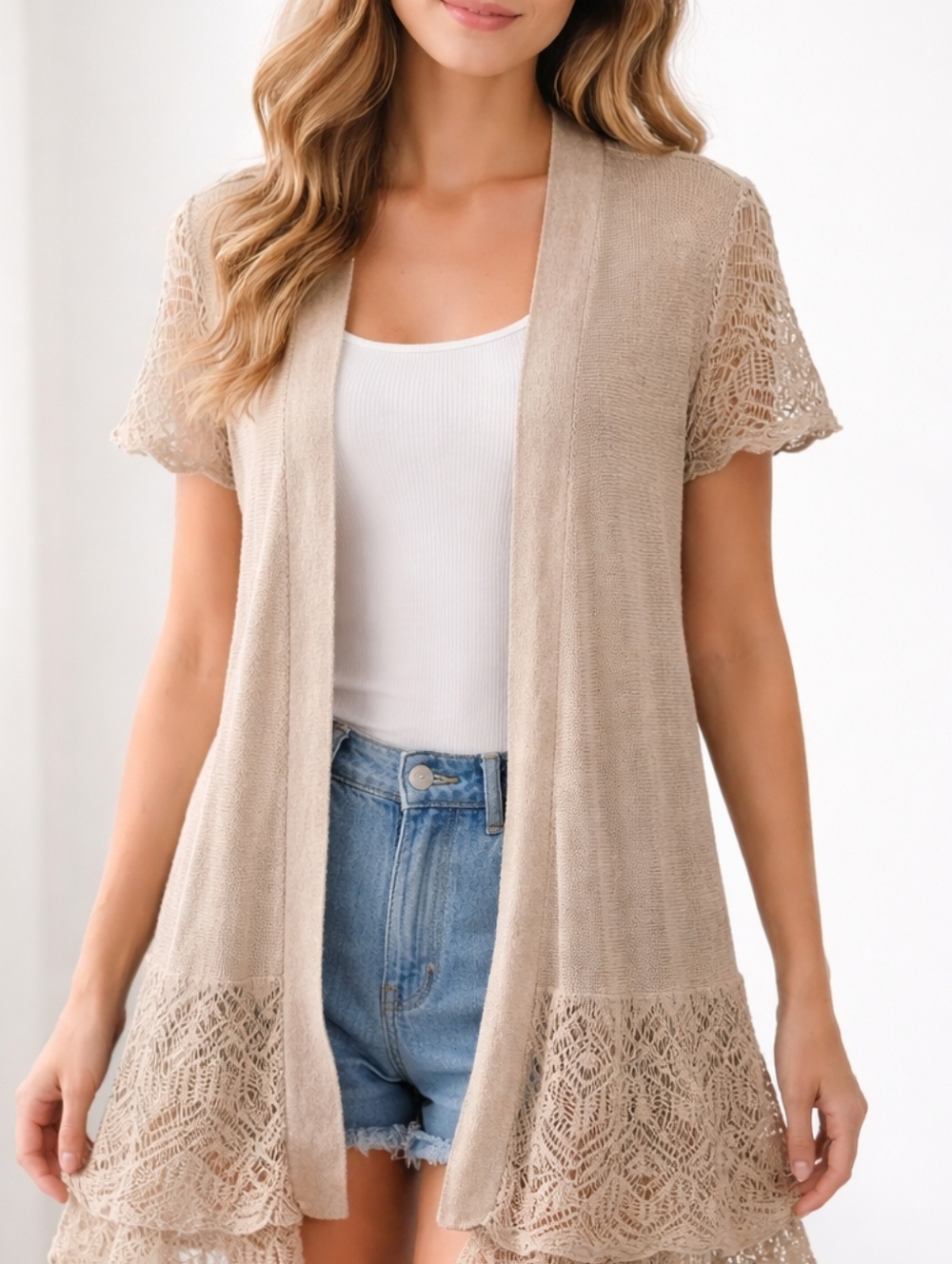 Chicos Linen Blend 1/Med Crochet Duster Cardigan Open Front Boho Coastal Neutral